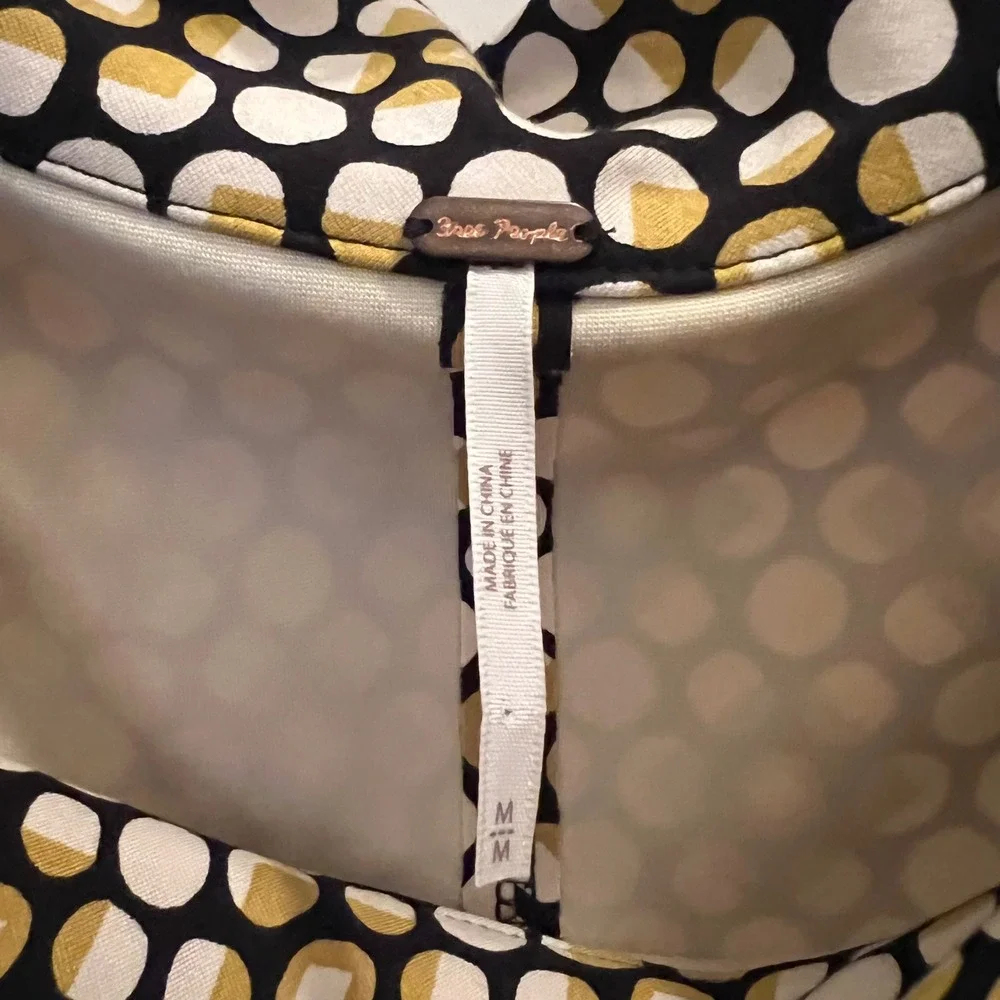 Free People Swing Dress Medium Gold‎ Black Polka Dot Geometric Sleeveless Mini